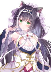 1girl, absurdres, animal ear fluff, animal ears, bangs, bare shoulders, black hair, blush, breasts, cat ears, cat girl, cat tail, detached sleeves, garter straps, green eyes, hairband, highres, inc moon, karyl (princess connect!), looking at viewer, low twintails, multicolored hair, navel, princess connect!, princess connect! re:dive, small breasts, streaked hair, tail, twintails, veil, white legwear, wide sleeves