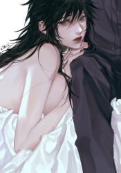 Rule 34 | 11857864, 1boy, 1girl, bare shoulders, bed sheet, black hair, blanket, breasts, covering breasts, covering privates, crying, crying with eyes open, eyelashes, from side, fushiguro megumi, genderswap, genderswap (mtf), green eyes, hair between eyes, highres, jujutsu kaisen, large breasts, long hair, looking at viewer, lying, nail polish, naked sheet, on bed, on stomach, pink nails, red lips, sideboob, sitting, solo focus, tears, under covers, very long hair