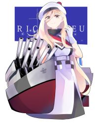 Rule 34 | 10s, 1girl, anchor, bare shoulders, belt, beret, blonde hair, cannon, character name, dress, from below, gloves, hair between eyes, hat, highres, kantai collection, kimio, long hair, looking at viewer, mole, mole under eye, mole under mouth, pom pom (clothes), richelieu (kancolle), rigging, sleeveless, sleeveless dress, smile, solo, strapless, turret, very long hair, wavy hair, white dress, white gloves, white hat, yellow eyes