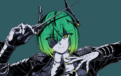 Rule 34 | 1girl, alternate costume, androgynous, antennae, conductor baton, blazer, closed mouth, collared shirt, commentary, conductor, diamond-shaped pupils, diamond (shape), eyes visible through hair, formal, gloves, gradient background, green eyes, green hair, green nails, green theme, hair between eyes, highres, jacket, looking at viewer, monochrome, nail polish, necktie, netherred, portrait, shirt, short hair, smile, solo, suit, symbol-shaped pupils, touhou, wriggle nightbug
