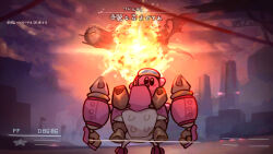 Rule 34 | absurdres, armored core, armored core 6, blush stickers, building, explosion, from behind, gameplay mechanics, goggles, goggles on head, halberd (airship), highres, kirby, kirby: planet robobot, kirby (series), looking at viewer, mechanical arms, nintendo, no humans, robobot armor, robot, shiburingaru