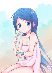 Rule 34 | 1girl, aoi mimi, bare shoulders, blue eyes, blue hair, blush, closed mouth, collarbone, commentary request, food, gradient hair, highres, holding, ice cream, kantai collection, long hair, looking at viewer, multicolored background, multicolored hair, naked towel, samidare (kancolle), shoulder blush, signature, sitting, solo, swept bangs, towel, very long hair