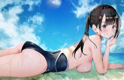 Rule 34 | 1girl, ass, back, black hair, blue eyes, blue one-piece swimsuit, blue sky, blunt bangs, blush, breast press, breasts, clothes pull, cloud, cowboy shot, day, elbow rest, from side, hand up, highres, horizon, long hair, looking at viewer, lying, medium breasts, ocean, on ground, on stomach, one-piece swimsuit, one-piece swimsuit pull, original, outdoors, ponytail, sakura yuu (hzjy8485), school swimsuit, sidelocks, sky, smile, solo, sunlight, swimsuit, topless, water, wet