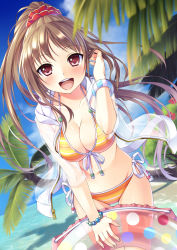 Rule 34 | 1girl, beach, bikini, blush, bracelet, breasts, brown hair, bucchake (asami), cleavage, cloud, collarbone, day, front-tie bikini top, front-tie top, hand in own hair, highres, hood, hood down, hoodie, innertube, jacket, jewelry, long hair, looking at viewer, medium breasts, navel, open clothes, open hoodie, open mouth, original, outdoors, palm tree, parka, ponytail, red eyes, see-through, shadow, shiny skin, side-tie bikini bottom, sky, smile, solo, stomach, striped bikini, striped clothes, swim ring, swimsuit, thigh gap, tree, zipper