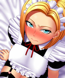 Rule 34 | 1girl, alternate costume, amase (yagami666), android 18, apron, black thighhighs, blonde hair, blue eyes, blush, breasts, covered erect nipples, dragon ball, dragonball z, earrings, enmaided, from above, jewelry, maid, maid apron, maid headdress, medium breasts, ribbon, short hair, solo, thighhighs