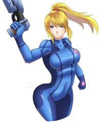 Rule 34 | 1girl, absurdres, arched back, armpits, blonde hair, blue eyes, bodysuit, breasts, clenched hand, covered collarbone, cropped legs, eyes visible through hair, female focus, from side, gun, handgun, highres, large breasts, legs together, long hair, metroid, metroid: other m, nintendo, parted bangs, ponytail, samus aran, simple background, skin tight, solo, standing, swept bangs, trigger discipline, v-shaped eyebrows, watermark, weapon, white background, zero suit, zipskyblue