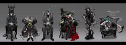 Rule 34 | 1girl, 1other, 4boys, absurdres, animal ears, barefoot, bird, black bow, black choker, black dress, black eyes, black flower, black footwear, black gemstone, black hair, black headwear, black jacket, black pants, black rose, black shirt, black theme, black veil, boots, bow, brooch, card, cat ears, cat tail, choker, commentary request, cross-laced footwear, crow, crown, cuffs, dress, eyepatch, flower, frilled dress, frills, full body, gem, gradient hair, green eyes, green hair, grey background, haikyo no kuni no alice (vocaloid), hair flower, hair ornament, handcuffs, hat, heart, heart eyepatch, highres, holding, holding megaphone, holding smoking pipe, jacket, jewelry, joe rikiichi, lace-up boots, leg tattoo, letterboxed, long sleeves, looking at viewer, lowro (en), mashiro meme, megaphone, melissa kinrenka, mini hat, mini top hat, morinaka kazaki, mouse ears, mouse tail, multicolored hair, multiple boys, multiple heads, nijisanji, on chair, on floor, orange hair, pants, playing card, red eyes, rose, rubbing eyes, ryuushen, sandals, shellin burgundy, shirt, shoes, sitting, sleeveless, sleeveless shirt, smoke, smoking pipe, song name, spiked footwear, straitjacket, stuffed animal, stuffed toy, tail, tattoo, teddy bear, throne, top hat, veil, virtual youtuber, vocaloid, white hair, yellow eyes