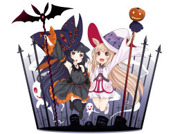 Rule 34 | 2girls, :d, :o, abe kanari, animal ears, arm up, armpits, bare shoulders, black hair, black legwear, blonde hair, blush, cat ears, detached sleeves, dress, fang, fangs, ghost, halloween, hat, highres, holding, jack-o&#039;-lantern, jewelry, large hat, legs up, long hair, looking at viewer, multiple girls, necklace, open mouth, original, pink eyes, pumpkin, red eyes, smile, spider web print, staff, thighhighs, tombstone, witch hat
