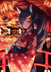 Rule 34 | 1girl, absurdres, animal ear fluff, animal ears, black hair, blurry, blurry background, bridge, cherry blossom print, commentary request, floral print, hair between eyes, hair ornament, hairclip, highres, holding, holding umbrella, hololive, huge filesize, inre kemomimi, japanese clothes, kimono, lantern, leaf, long hair, looking at viewer, maple leaf, multicolored hair, obi, oil-paper umbrella, ookami mio, ookami mio (new year), red hair, red kimono, red theme, sash, sidelocks, solo, swept bangs, tail, two-tone hair, umbrella, virtual youtuber, wolf ears, wolf girl, wolf tail, yellow eyes