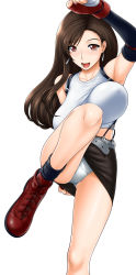 Rule 34 | 1990s (style), 1girl, arm behind back, arm up, armpits, bare shoulders, blush, bouncing breasts, breasts, brown eyes, brown hair, collarbone, earrings, elbow gloves, facing viewer, final fantasy, final fantasy vii, fingerless gloves, gainaxing, gloves, highres, jewelry, large breasts, leg lift, leg up, legs, long hair, long legs, looking at viewer, miniskirt, open mouth, panties, pantyshot, pencil skirt, retro artstyle, simple background, skirt, solo, st.germain-sal, suspender skirt, suspenders, tank top, thighs, tifa lockhart, unaligned breasts, underwear, white background, white panties