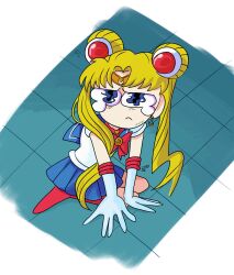 Rule 34 | 1girl, absurdres, arm support, artist logo, bishoujo senshi sailor moon, blonde hair, blue eyes, blue sailor collar, blue skirt, boots, bow, bowtie, chibi, commentary, crescent, crescent earrings, crying, dated, derivative work, double bun, earrings, elbow gloves, english commentary, fauxsquared, floor, from above, full body, gloves, hair bun, highres, jewelry, long hair, meme, miniskirt, on floor, red bow, red bowtie, red footwear, sailor collar, sailor moon, sailor moon redraw challenge (meme), sailor senshi, sailor senshi uniform, screenshot redraw, sitting, skirt, solo, tiara, tile floor, tiles, tsukino usagi, twintails, white gloves