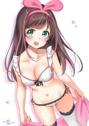 Rule 34 | 1girl, :d, bad id, bad pixiv id, bare shoulders, blue background, blush, bra, breasts, brown hair, cleavage, collarbone, from above, gradient background, hair ribbon, hairband, heart, highres, holding, kinako (shiratama mochi), kizuna ai, kizuna ai inc., legs apart, lingerie, long hair, looking at viewer, looking up, medium breasts, multicolored hair, navel, open mouth, panties, pink hair, pink hairband, pink ribbon, revision, ribbon, round teeth, side-tie panties, smile, solo, standing, swept bangs, tareme, teeth, thighhighs, twitter username, two-tone hair, underwear, underwear only, virtual youtuber, white bra, white panties, white thighhighs
