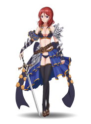 Rule 34 | 10s, 1girl, armor, breasts, cleavage, highres, looking at viewer, love live!, love live! school idol festival, love live! school idol project, medium breasts, nishikino maki, northman, purple eyes, red hair, short hair, simple background, solo, sword, thighhighs, weapon