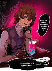 Rule 34 | 1boy, akechi gorou, bishounen, black gloves, brown hair, collared shirt, dialogue box, dialogue options, drink, english text, gloves, glowing, glowing eyes, goro orb, hair between eyes, heart, highres, implied yaoi, loki (persona 5), looking at viewer, male focus, open mouth, persona, persona 5, persona 5 the royal, pov, red eyes, shirt, short hair, sitting, solo, speech bubble, sweater vest, twitter username