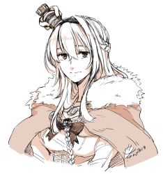 Rule 34 | 1girl, 2019, braid, breasts, cape, cloak, closed mouth, corset, cropped torso, crown, flower, french braid, fur-trimmed cape, fur trim, hair between eyes, hair ornament, hair over one eye, hairband, jewelry, kantai collection, long hair, looking at viewer, medium breasts, mini crown, monochrome, necklace, ribbon, rose, signature, simple background, smile, solo, upper body, warspite (kancolle), white background, yamada rei (rou)