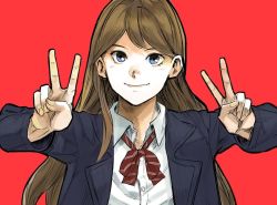 Rule 34 | 1girl, bad id, bad twitter id, blue eyes, brown hair, copyright request, double v, dress shirt, hiro (chumo), jacket, long hair, open clothes, open jacket, red background, shirt, simple background, smile, solo, v, white shirt