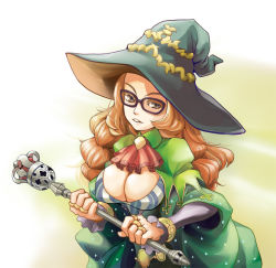 Rule 34 | ascot, breasts, brown eyes, brown hair, cleavage, curly hair, glasses, grand knights history, hat, jewelry, large breasts, long hair, muse cromwell, ring, rori chuushin, scepter, solo, witch hat