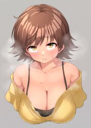Rule 34 | 1girl, armpit crease, black camisole, blush, breasts, brown hair, camisole, cleavage, collarbone, cropped torso, gojarun, grey background, highres, honda mio, idolmaster, idolmaster cinderella girls, large breasts, looking at viewer, shirt, simple background, solo, steam, steaming body, sweatdrop, twitter username, upper body, yellow shirt