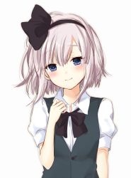 Rule 34 | 1girl, black hairband, blue eyes, bow, bowtie, buttons, closed mouth, collared shirt, dress, dress shirt, eyebrows, green vest, hair bow, hairband, hand up, konpaku youmu, looking at viewer, purin jiisan, ribbon, shirt, short hair, short sleeves, silver hair, smile, solo, touhou, upper body, vest, white shirt, wing collar