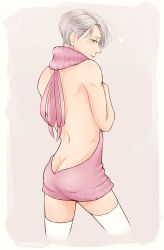 1boy ass backless_outfit butt_crack carocchi meme_attire pink_sweater ribbon solo sweater thighhighs viktor_nikiforov virgin_killer_sweater yuri!!!_on_ice