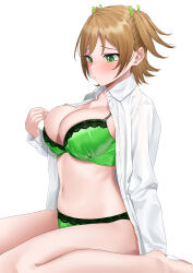 Rule 34 | 1girl, absurdres, arm at side, barefoot, blush, bra, breasts, buttons, collared shirt, commentary request, commission, daiba nana, dress shirt, female focus, from side, green bra, green eyes, green panties, green ribbon, hair ribbon, hand up, highres, knees out of frame, lace, lace-trimmed bra, lace-trimmed panties, lace trim, large breasts, light brown hair, long sleeves, looking at self, looking down, navel, no pants, open clothes, open shirt, panties, parted lips, raised eyebrows, ribbon, shinonome shake, shirt, short hair, short twintails, shoujo kageki revue starlight, simple background, sitting, skeb commission, solo, stomach, twintails, underwear, wariza, white background, white shirt