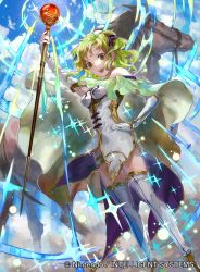 Rule 34 | 1girl, cape, company name, dress, elbow gloves, fire emblem, fire emblem: the sacred stones, fire emblem cipher, gloves, green eyes, green hair, hand on own hip, holding, holding staff, horse, l&#039;arachel (fire emblem), mayo (becky2006), nintendo, official art, open mouth, sky, solo, staff, thighhighs, white dress, white gloves, white thighhighs