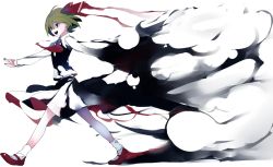 Rule 34 | 1girl, ascot, black skirt, black vest, blonde hair, darkness, dissolving, full body, hair ribbon, ikurauni, long sleeves, mary janes, nail polish, open mouth, outstretched arms, red eyes, red footwear, red nails, red ribbon, ribbon, rumia, shaded face, shirt, shoes, short hair, skirt, smile, socks, solo, spread arms, touhou, vest, walking, white background, white shirt, white socks