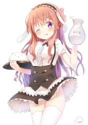 Rule 34 | 1girl, ;p, alternate costume, angora rabbit, animal, apron, artist name, black skirt, blush, bolo tie, clothes lift, collared shirt, commentary request, cowboy shot, fleur de lapin uniform, frilled apron, frilled shirt, frilled skirt, frills, gochuumon wa usagi desu ka?, holding, holding tray, hoto mocha, jug (bottle), long hair, looking at viewer, milk, no panties, one eye closed, orange hair, piripun, puffy short sleeves, puffy sleeves, rabbit, shirt, short sleeves, sidelocks, simple background, skirt, skirt lift, solo, standing, thighhighs, tippy (gochiusa), tongue, tongue out, tray, underbust, very long hair, white apron, white background, white shirt, white thighhighs, wind, wind lift, wing collar