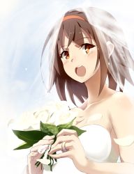 Rule 34 | 10s, 1girl, bare shoulders, blush, bouquet, bridal veil, brown hair, collarbone, diffraction spikes, dress, earrings, flower, gradient background, hairband, highres, jewelry, kantai collection, kuzu (miduhana), looking at viewer, open mouth, orange eyes, petals, red hairband, ring, rose, shiratsuyu (kancolle), short hair, solo, strapless, strapless dress, tears, upper body, veil, wedding band, wedding dress, white dress, white flower, white rose