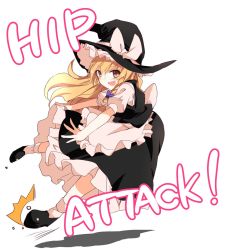 Rule 34 | 1girl, apron, black footwear, black hat, black skirt, blonde hair, blue ribbon, bow, commentary request, english text, frilled hat, frilled skirt, frills, from side, full body, hat, hip attack, ichimura kanata, kirisame marisa, long hair, long skirt, midair, one-hour drawing challenge, open mouth, ribbon, shirt, shoes, short sleeves, skirt, skirt set, socks, solo, touhou, waist apron, white background, white bow, white shirt, white socks, witch hat
