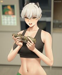 Rule 34 | 1boy, 1girl, animal ears, artist logo, asymmetrical bangs, bare shoulders, black sports bra, blurry, blurry background, breasts, calendar (object), crossed bangs, cyrillic, fake animal ears, girls&#039; frontline, green panties, hair between eyes, happy, highres, j adsen, jewelry, kitchen, large breasts, navel, open mouth, original, oven, panties, parted bangs, ring, russian text, scope, short hair, sports bra, svu (girls&#039; frontline) (j adsen), toaster, underwear, white hair, yellow eyes