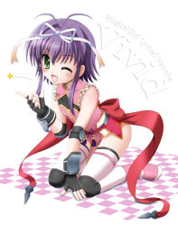 Rule 34 | 10s, 1girl, antenna hair, bare shoulders, bow, elbow pads, fang, fingerless gloves, flipper, gloves, green eyes, hair ribbon, kneeling, leaning forward, lyrical nanoha, mahou shoujo lyrical nanoha, mahou shoujo lyrical nanoha vivid, one eye closed, pelvic curtain, purple hair, ribbon, rio wezley, sleeveless, smile, solo, thighhighs, wink, wrist guards