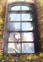 Rule 34 | 1girl, blue eyes, book, brown hair, fuyuno haruaki, highres, holding, long hair, looking at viewer, looking outside, open mouth, original, plant, reflection, solo, vines, window