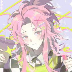 Rule 34 | 1boy, ahoge, alternate hairstyle, braid, checkered clothes, checkered shirt, chinese commentary, closed mouth, collared shirt, commentary request, cup, frown, green scarf, hair ornament, hatsutori hajime, high ponytail, highres, holding, holding cup, jewelry, kagekooo, male focus, necklace, official alternate costume, parted bangs, pink hair, portrait, red eyes, saibou shinkyoku, scarf, shirt, side braid, single braid, solo, x hair ornament