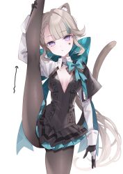 Rule 34 | 1girl, animal ears, black pantyhose, blonde hair, blue bow, bow, breasts, cat ears, cat girl, cat tail, cleavage, expressionless, facial mark, flexible, frilled leotard, frilled skirt, frills, full body, genshin impact, highres, leg lift, leg up, leotard, long hair, lynette (genshin impact), pantyhose, purple eyes, shu bii, simple background, skirt, small breasts, split, standing, standing on one leg, standing split, star (symbol), star facial mark, star tattoo, tail, tattoo, two-tone gloves