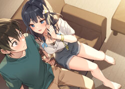 1boy 1girl bare_legs barefoot black_hair blue_eyes blush braid brown_eyes brown_hair camisole cloud_hair_ornament couch denim denim_shorts from_above green_shirt itsumo_wa_majime_na_iinchou_dakedo_kimi_no_kanojo_ni_nareru_kana? long_hair nardack novel_illustration off-shoulder_shirt off_shoulder official_art on_couch pants second-party_source shirt short_hair shorts sitting tsujio_akito twin_braids whispering wooden_floor wristband yoshino_sara