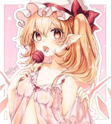 Rule 34 | 1girl, artist name, babydoll, bat earrings, blonde hair, candy, earrings, fangs, flandre scarlet, food, hair between eyes, hat, hat ribbon, highres, jewelry, lifting own clothes, lollipop, looking at viewer, mob cap, mokokiyo (asaddr), open mouth, pointy ears, red eyes, red ribbon, ribbon, side ponytail, slit pupils, solo, touhou, upper body, wings