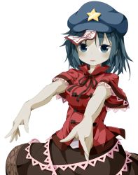 Rule 34 | 1girl, blue eyes, blue hair, chinese clothes, drooling, flat cap, hat, looking at viewer, matching hair/eyes, miyako yoshika, ofuda, outstretched arms, parted lips, ribbon, ruu (tksymkw), short hair, short sleeves, simple background, skirt, solo, star (symbol), touhou, white background, zombie pose