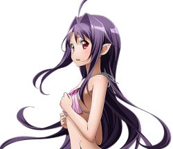 Rule 34 | 1girl, ahoge, bikini, breasts, floating hair, from side, long hair, open mouth, pink bikini, pointy ears, purple hair, red eyes, shiny skin, sideboob, small breasts, solo, standing, swimsuit, sword art online, transparent background, upper body, very long hair, yuuki (sao)