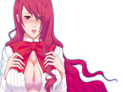 Rule 34 | atlus, blush, bow, bra, breasts squeezed together, breasts, cleavage, hair over one eye, kirijou mitsuru, large breasts, lingerie, long hair, open clothes, open shirt, persona, persona 3, red eyes, red hair, shirt, sumitan, underwear