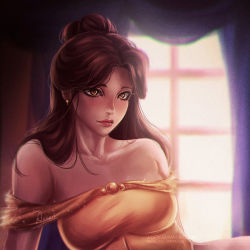 Rule 34 | 1girl, axsen, bare shoulders, beauty and the beast, belle (disney), blurry, breasts, brown eyes, brown hair, chromatic aberration, closed mouth, collarbone, curtains, depth of field, disney, dress, earrings, expressionless, female focus, formal, hair bun, indoors, jewelry, lips, lipstick, long hair, looking at viewer, makeup, medium breasts, neck, off-shoulder dress, off shoulder, single hair bun, solo, watermark, web address, window, yellow dress