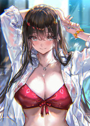 Rule 34 | 1girl, bikini, bikini top only, bikini under clothes, blush, breasts, brown hair, cleavage, closed mouth, collarbone, hair between eyes, highres, jewelry, large breasts, long hair, looking at viewer, necklace, open clothes, open shirt, orange eyes, original, ran&#039;ou (tamago no kimi), red bikini, shirt, smile, solo, swimsuit, white shirt