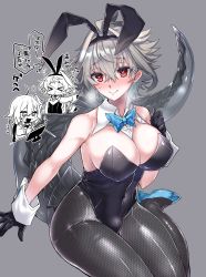 Rule 34 | &gt; &lt;, 1boy, 2girls, animal ears, arm support, bare shoulders, bow, bowtie, breasts, commentary request, covered navel, detached collar, dragon tail, drooling, fake animal ears, fate/apocrypha, fate/grand order, fate (series), flying sweatdrops, fujimaru ritsuka (female), genderswap, genderswap (mtf), gloves, grey background, grey hair, hair between eyes, hairband, haoro, heart, heart-shaped pupils, highres, large breasts, leotard, looking at viewer, multiple girls, pantyhose, playboy bunny, pointing, rabbit ears, red eyes, short hair, sieg (fate), simple background, sitting, smile, speech bubble, strapless, strapless leotard, symbol-shaped pupils, tail, translation request, wrist cuffs