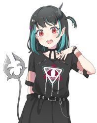 Rule 34 | 1girl, belt, black belt, black dress, black hair, blue hair, blush, commentary, cowboy shot, demon girl, demon horns, demon tail, dress, eye hair ornament, eye of providence, fingernails, flat chest, highres, horns, ikacho ( ika cho), jewelry, looking at viewer, medium bangs, medium hair, multicolored hair, nanashi inc., official alternate costume, one side up, open mouth, pointy ears, red eyes, red nails, ring, shishio chris, shishio chris (3rd costume), short sleeves, simple background, smile, solo, tail, two-tone hair, virtual youtuber, white background, wristband