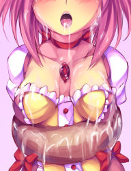 Rule 34 | 10s, 1girl, alternate breast size, bdsm, blush, bondage, bound, breasts, choker, doughnut, food, head out of frame, icing, kaname madoka, lips, magical girl, mahou shoujo madoka magica, mahou shoujo madoka magica (anime), maullarmaullar, open mouth, sexually suggestive, shiny skin, small breasts, solo, suggestive fluid
