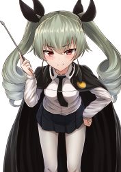 Rule 34 | 10s, 1girl, anchovy (girls und panzer), black necktie, black ribbon, black skirt, blush, cape, drill hair, girls und panzer, green hair, hair ribbon, hand on own hip, highres, leaning forward, long hair, long sleeves, looking at viewer, necktie, pantyhose, pleated skirt, red eyes, ribbon, riding crop, school uniform, shirt, skirt, solo, twin drills, twintails, uniform, white pantyhose, white shirt, yakob labo