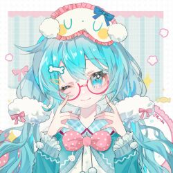 Rule 34 | 1girl, alternate costume, alternate hairstyle, aqua eyes, aqua hair, artist name, blue background, blue capelet, blue ribbon, bone hair ornament, border, candy, capelet, commentary, food, fur trim, hair between eyes, hair ornament, hairclip, hatsune miku, highres, long hair, looking at viewer, mask, mask on head, one eye closed, pink-framed eyewear, pink ribbon, ribbon, round eyewear, rrrrika, shirt, sidelocks, sleep mask, smile, solo, sparkle, symbol-only commentary, twintails, twitter username, vocaloid, white border, white shirt