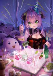 Rule 34 | 1girl, breasts, cake, cleavage, collarbone, commentary request, drink, food, green eyes, heart, heart-shaped pupils, highres, hololive, hololive china, looking at viewer, night, open mouth, pink hair, short hair, spade echo, symbol-shaped pupils, table, virtual youtuber