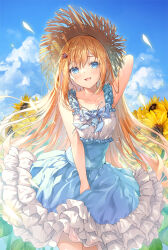 Rule 34 | 1girl, arm behind head, arm up, armpits, bare arms, bare shoulders, blonde hair, blue dress, blue eyes, dress, flower, frilled dress, frills, hair ornament, hairclip, hat, long hair, looking at viewer, miwabe sakura, open mouth, original, outdoors, sleeveless, sleeveless dress, smile, solo, straw hat, sundress, sunflower, two-tone dress, very long hair, white dress