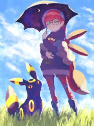 Rule 34 | 1girl, :&lt;, absurdres, backlighting, backpack, bag, black-framed eyewear, black eyes, black footwear, black shorts, black sweater, blue hair, blue sky, blush, boots, closed mouth, cloud, colored sclera, creatures (company), crescent, day, eevee, facial mark, female focus, flat chest, forehead mark, game freak, gen 1 pokemon, gen 2 pokemon, glasses, grass, grey pantyhose, hand up, highres, holding, holding umbrella, hood, hood down, hooded sweater, knee boots, long sleeves, looking at viewer, maemuki, miniskirt, multicolored hair, nintendo, nose blush, objectification, outdoors, pantyhose, penny (pokemon), pleated skirt, pocket, pokemon, pokemon (creature), pokemon sv, print pantyhose, red hair, red sclera, round eyewear, see-through, see-through skirt, short hair, short shorts, shorts, sitting, skirt, sky, standing, sweater, swept bangs, two-tone hair, umbrella, umbreon, white skirt, yellow eyes